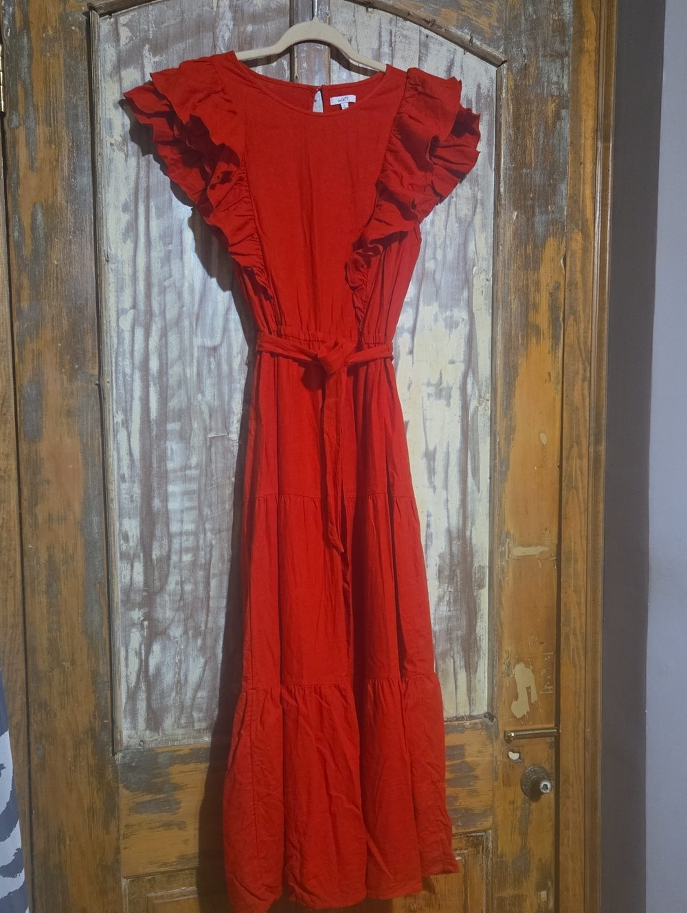 Women's Red Ruffle-Sleeve Maxi Dress with Self Tie